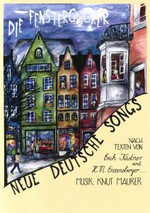 Fenstergucker-Plakat (Programmplakat mit einer künstlerischen Darstellung von Husern, schräg durchzogen vom Slogan "Neue deutsche Songs"